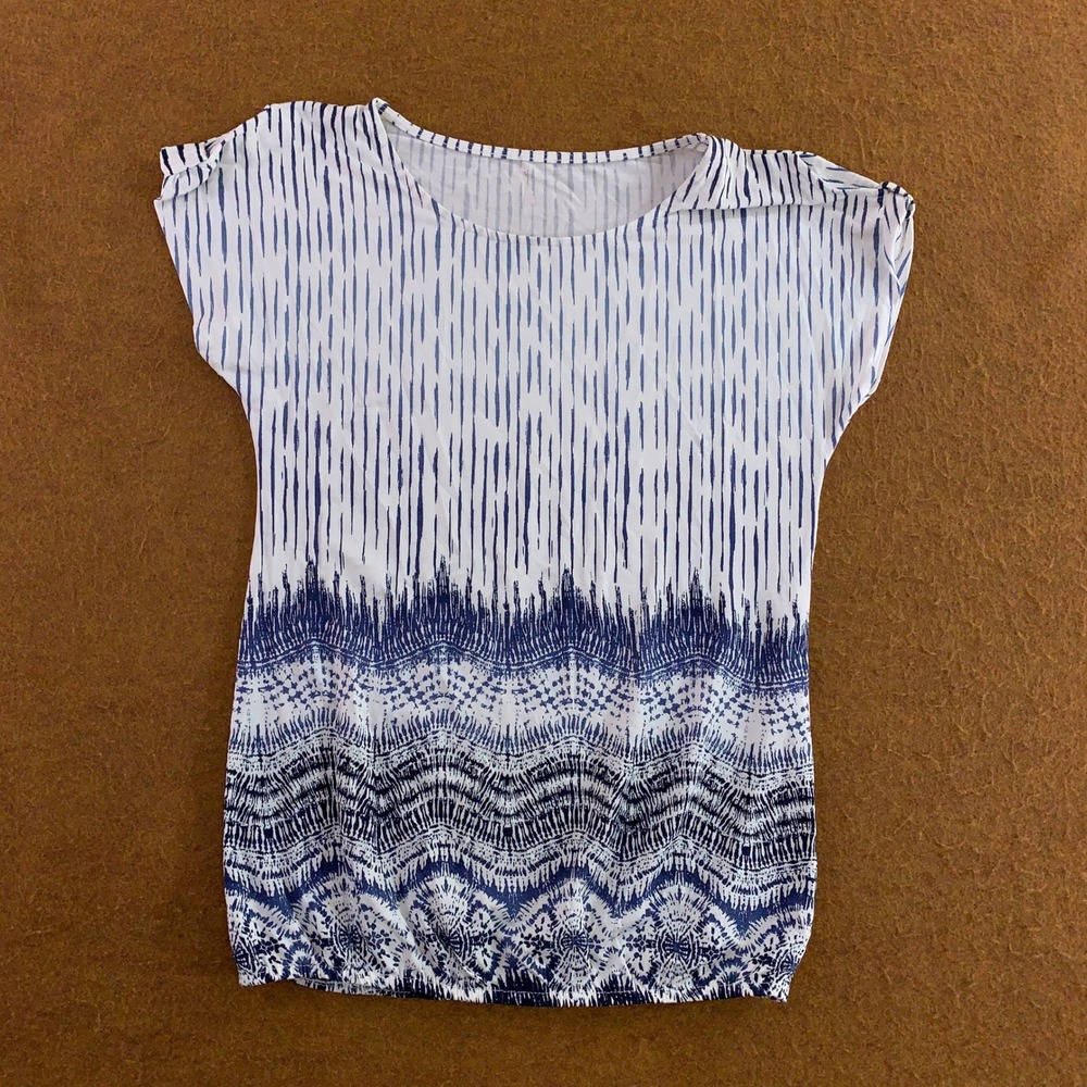 Lascana Womens 0/2 Blue White Abstract Geometric Print Short Sleeve Blouse New